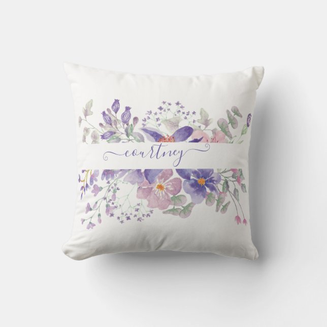 Coussin Aquarelle rose et violet florale personnalisée (Recto)