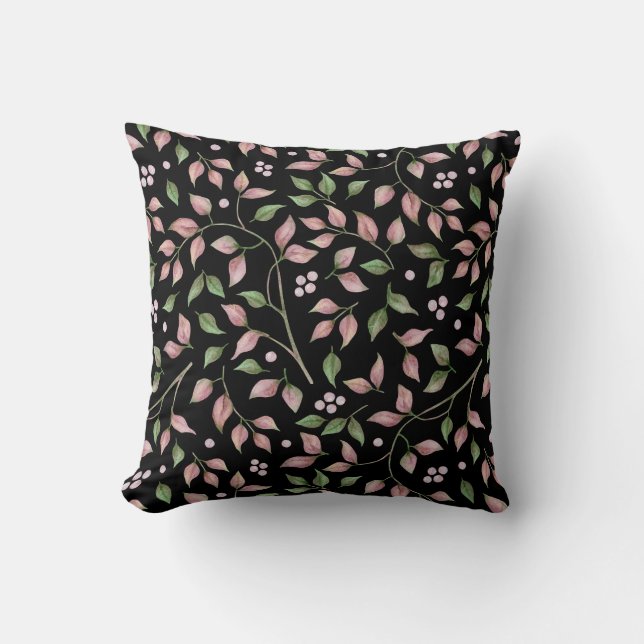 Coussin Aquarelle rose Feuille vert sur noir | (Recto)