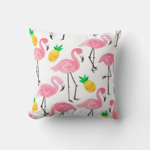 Coussin Aquarelle rose flamant rose et ananas jaune