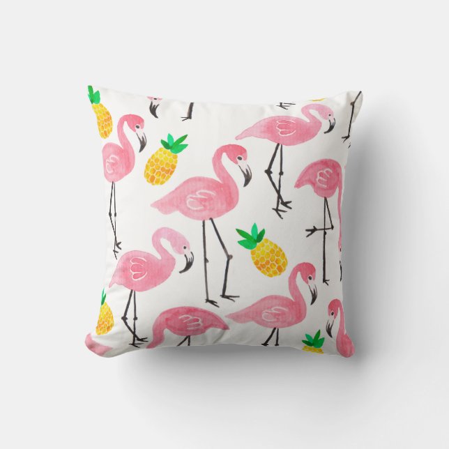 Coussin Aquarelle rose flamant rose et ananas jaune  (Recto)