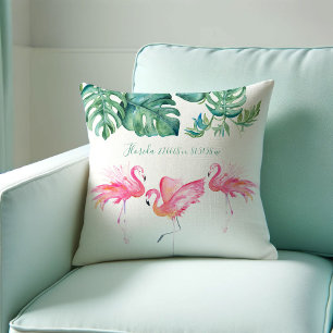 Coussin Aquarelle rose Flamant rose Monstera Feuilles Trop