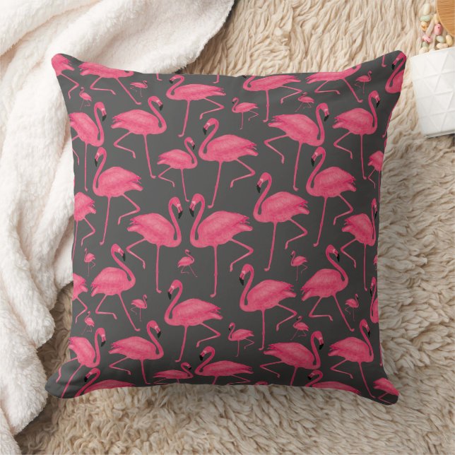 Coussin Aquarelle rose Flamant rose sur gris foncé (Couverture)