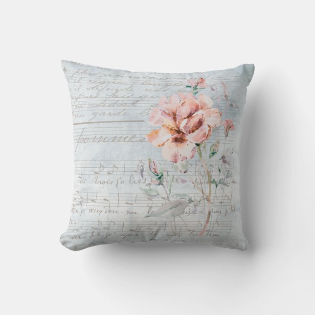Coussin Aquarelle rose Fleur sur la musique française bleu (Recto)