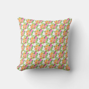 Coussin Aquarelle rose fleurs & feuilles verts sur blanc