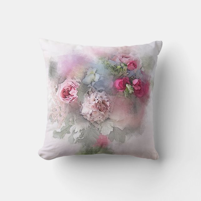 Coussin Aquarelle Rose Fleurs Floral Élégant Modèle (Recto)