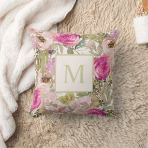Coussin Aquarelle rose Floral Monogramme initial