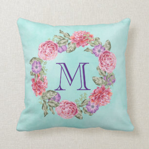Coussin Aquarelle rose Floral Monogramme initial