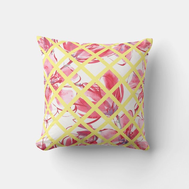 Coussin aquarelle rose florale, treillis jaune doux, (Recto)