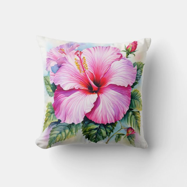 Coussin Aquarelle rose Hibiscus (Recto)