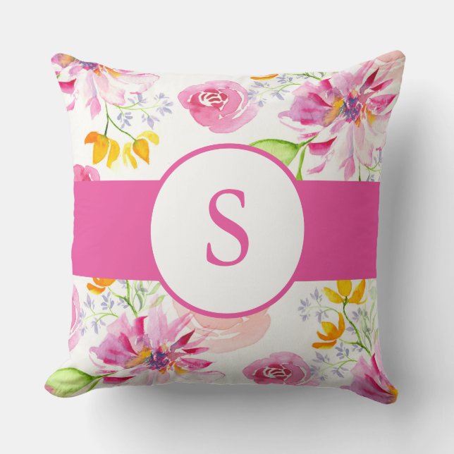 Coussin Aquarelle rose mignonne Fleurs et Monogramme (Recto)