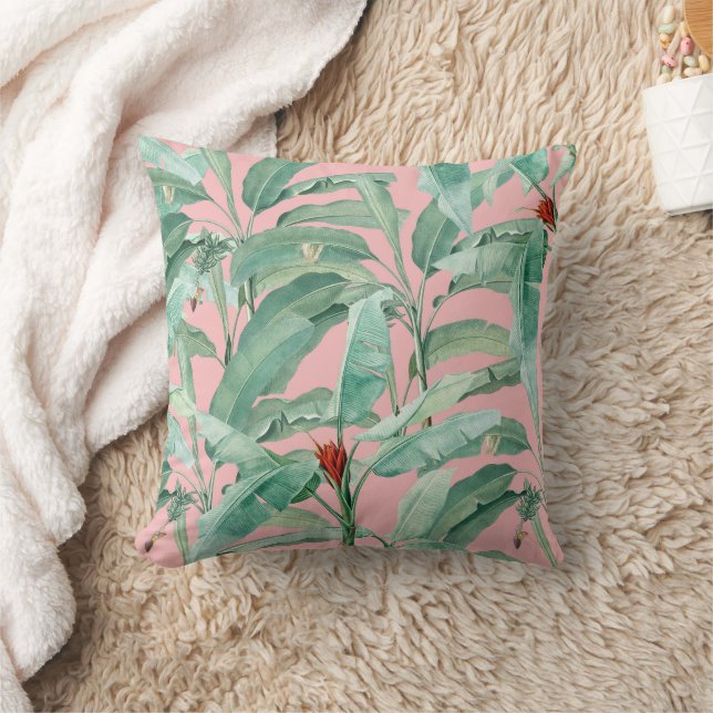 Coussin Aquarelle rose moderne Tropical Banana Palm Feuill (Couverture)