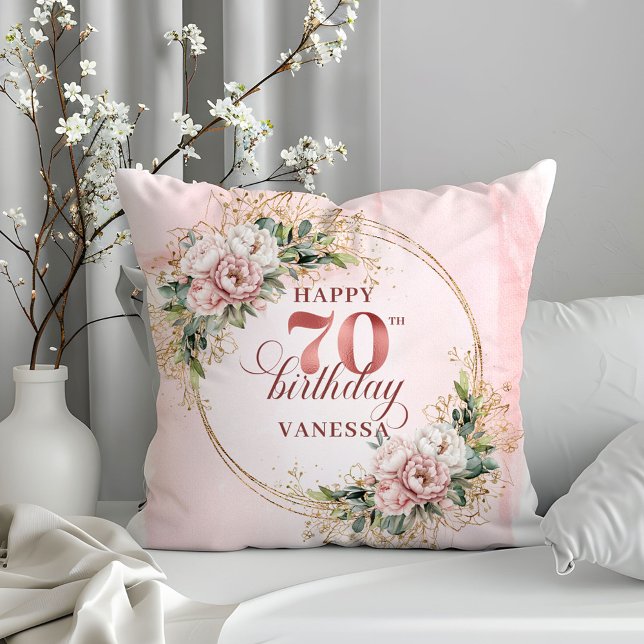 Coussin Aquarelle Rose Or Floral Eucalyptus Art 70ème (Watercolor Rose Gold Floral Eucalyptus Art 70th birthday pillow

)