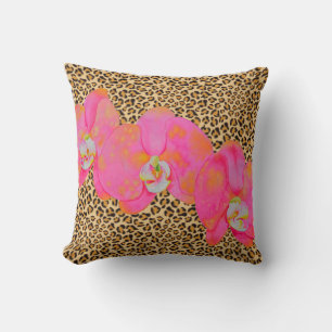Coussin Aquarelle rose orchidées florales léopard cheetah 