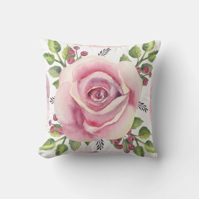 Coussin Aquarelle Rose Rose Floral Jeu d'oreiller (Recto)