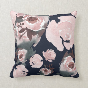 Coussin Aquarelle rose Roses Dark Navy Bleu Floral