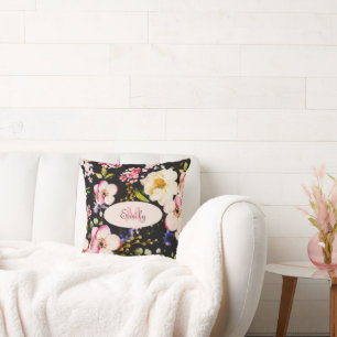 Coussin Aquarelle rose Roses jaunes sur noir, Monogramme