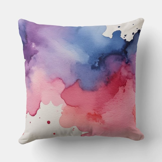 Coussin Aquarelle rose violet et bleu abstrait (Verso)
