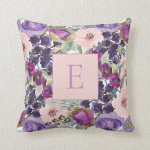 Coussin Aquarelle rose violet Sage floral Monogramme vert