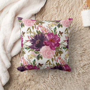 Coussin Aquarelle rose violet vert floral blanc