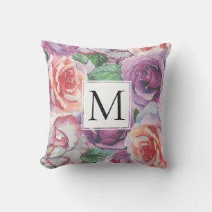 Coussin Aquarelle roses et monogramme floral