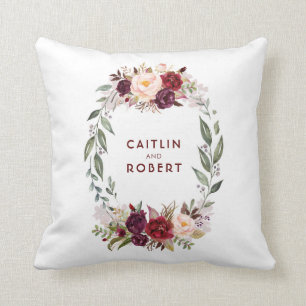 Coussin Aquarelle rouge Bourgogne Fleurs Élégantes Romanti