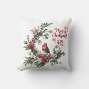 Coussin Aquarelle Rouge Cardinal Bird Wreath