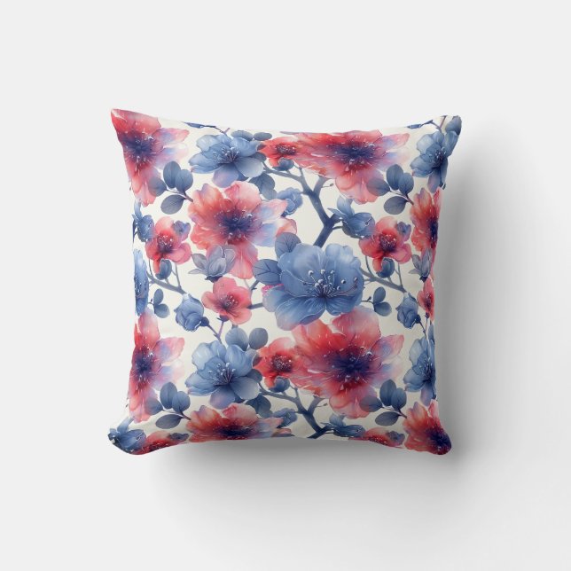 Coussin Aquarelle rouge, fleurs bleues sur le blanc (Recto)
