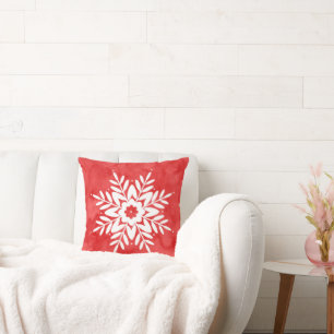 Coussin Aquarelle rouge Flocon de neige Abstrait