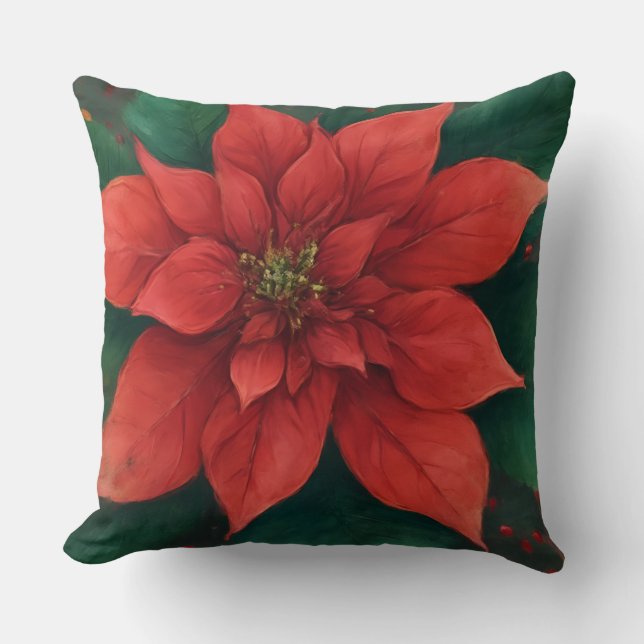 Coussin Aquarelle Rouge Poinsettie Noël (Recto)
