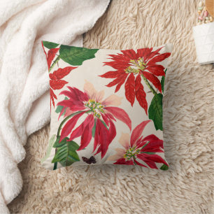 Coussin Aquarelle rouge rustique Poinsettia Flore Verdure