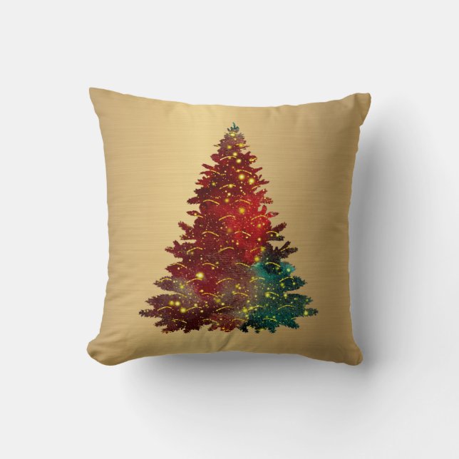 Coussin Aquarelle rouge vert tendance Arbre d'or Noël (Recto)