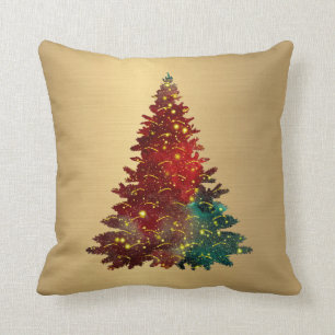 Coussin Aquarelle rouge vert tendance Arbre d'or Noël