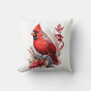Coussin Aquarelle rouge vif Oiseau cardinal d'hiver
