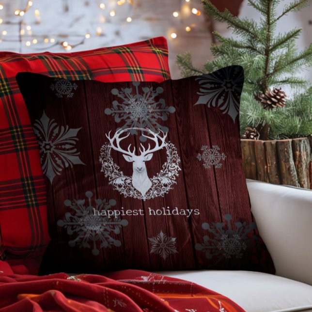 Coussin Aquarelle rustique renne blanc | Red (Red Rustic Watercolor White Reindeer Throw Pillow)