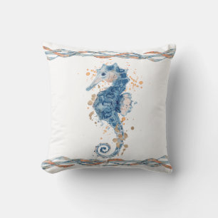 Coussin Aquarelle Seahorse maritime gris bleu côtelette