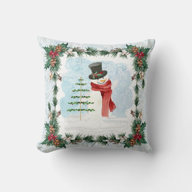 Coussin Aquarelle Snowman Pin Holly Folio Bleu Hiver (Recto)
