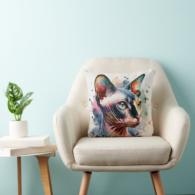 Coussin Aquarelle Sphynx Chat Portrait Artistique (Chaise)