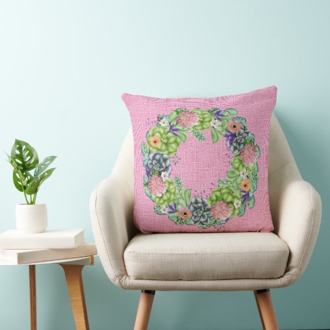 Coussin Aquarelle succulente couronne florale sur rose (Chaise)