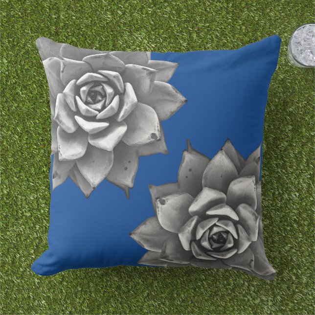 Coussin Aquarelle Succulente Gris sur Bleu (Herbe)