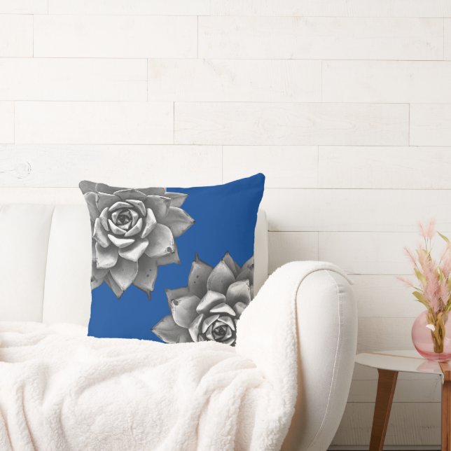 Coussin Aquarelle Succulente Gris sur Bleu (Canapé)
