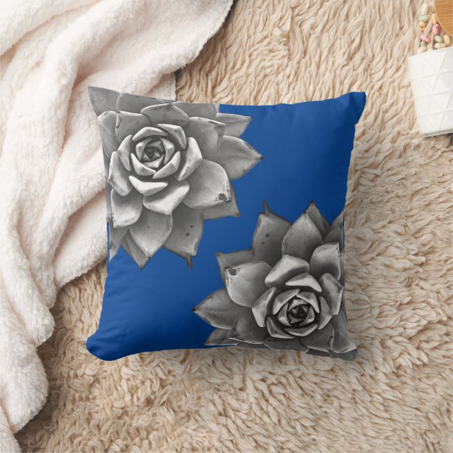 Coussin Aquarelle Succulente Gris sur Bleu (Couverture)