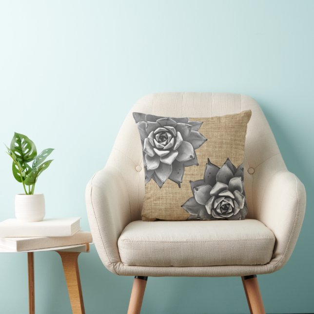 Coussin Aquarelle Succulente Gris sur Burlap Tan (Chaise)