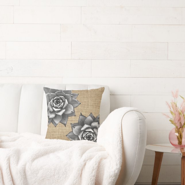 Coussin Aquarelle Succulente Gris sur Burlap Tan (Canapé)