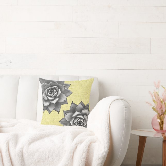 Coussin Aquarelle Succulente Gris sur Jaune (Canapé)