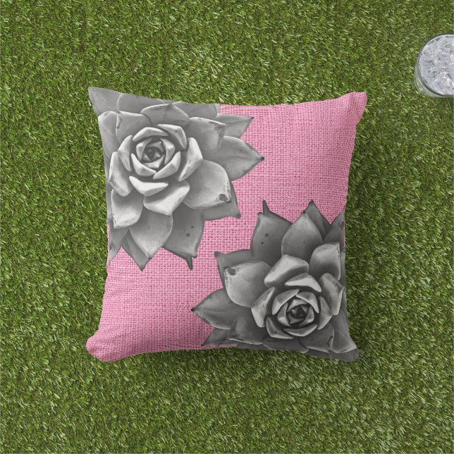 Coussin Aquarelle Succulente Gris sur rose (Herbe)