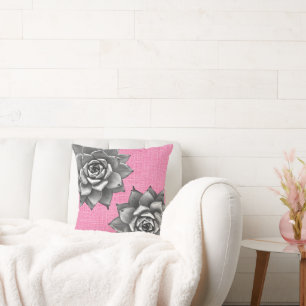Coussin Aquarelle Succulente Gris sur rose