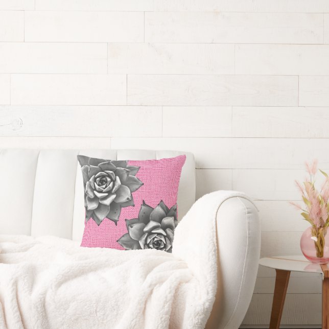 Coussin Aquarelle Succulente Gris sur rose (Canapé)