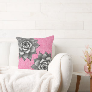 Coussin Aquarelle Succulente Gris sur rose