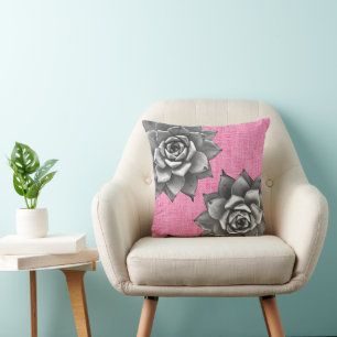 Coussin Aquarelle Succulente Gris sur rose