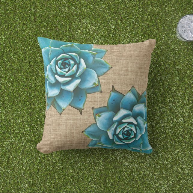 Coussin Aquarelle succulente sur Burlap Tan (Herbe)